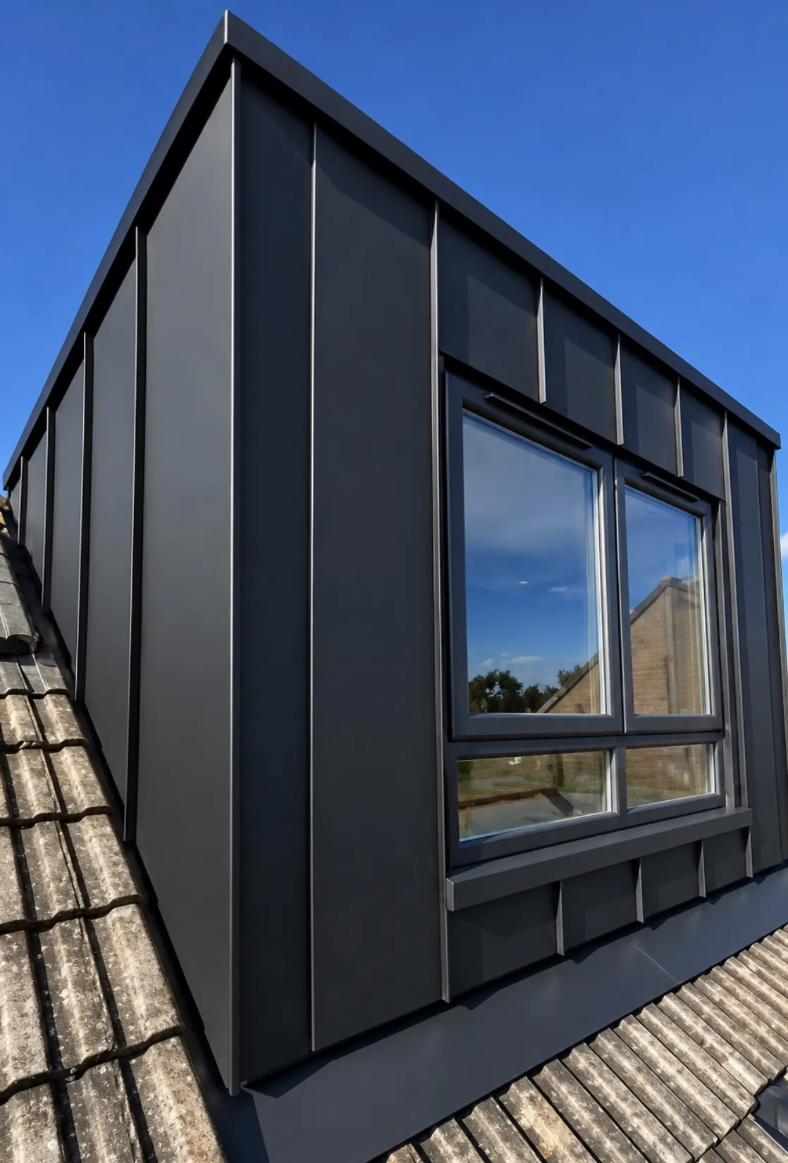 Anthracite standing seam zinc dormer with vertical seams and a two-pane window, set into a tiled pitched roof